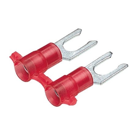 Panduit Fork Terminal, #6 Stud Size, 18 AWG, 600 V, Nylon Insulated, Red, Crimp Termination Only, 3000 PK PN18-6LF-3K